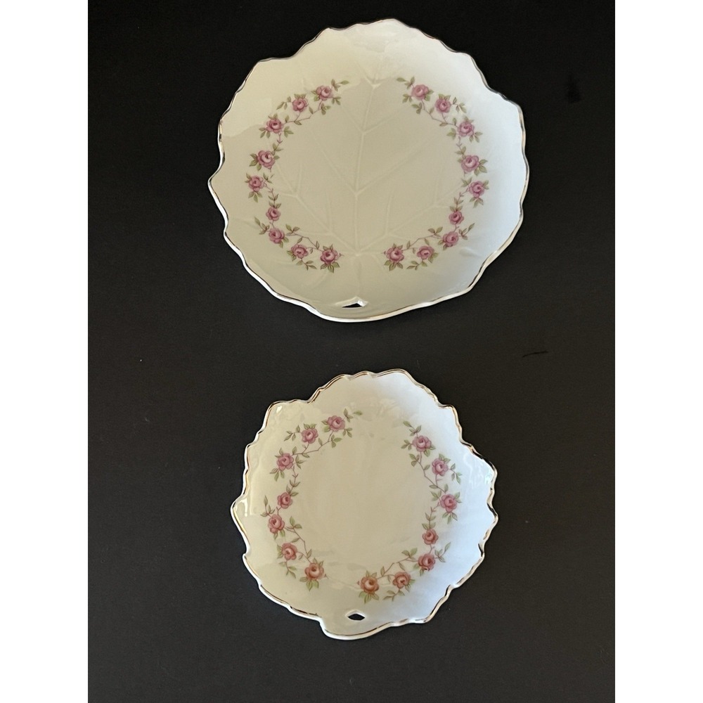 Vintage Leaf Shape Trinket Dishes Gold Trimmed w/ Rose Design 1 larger 1 smaller